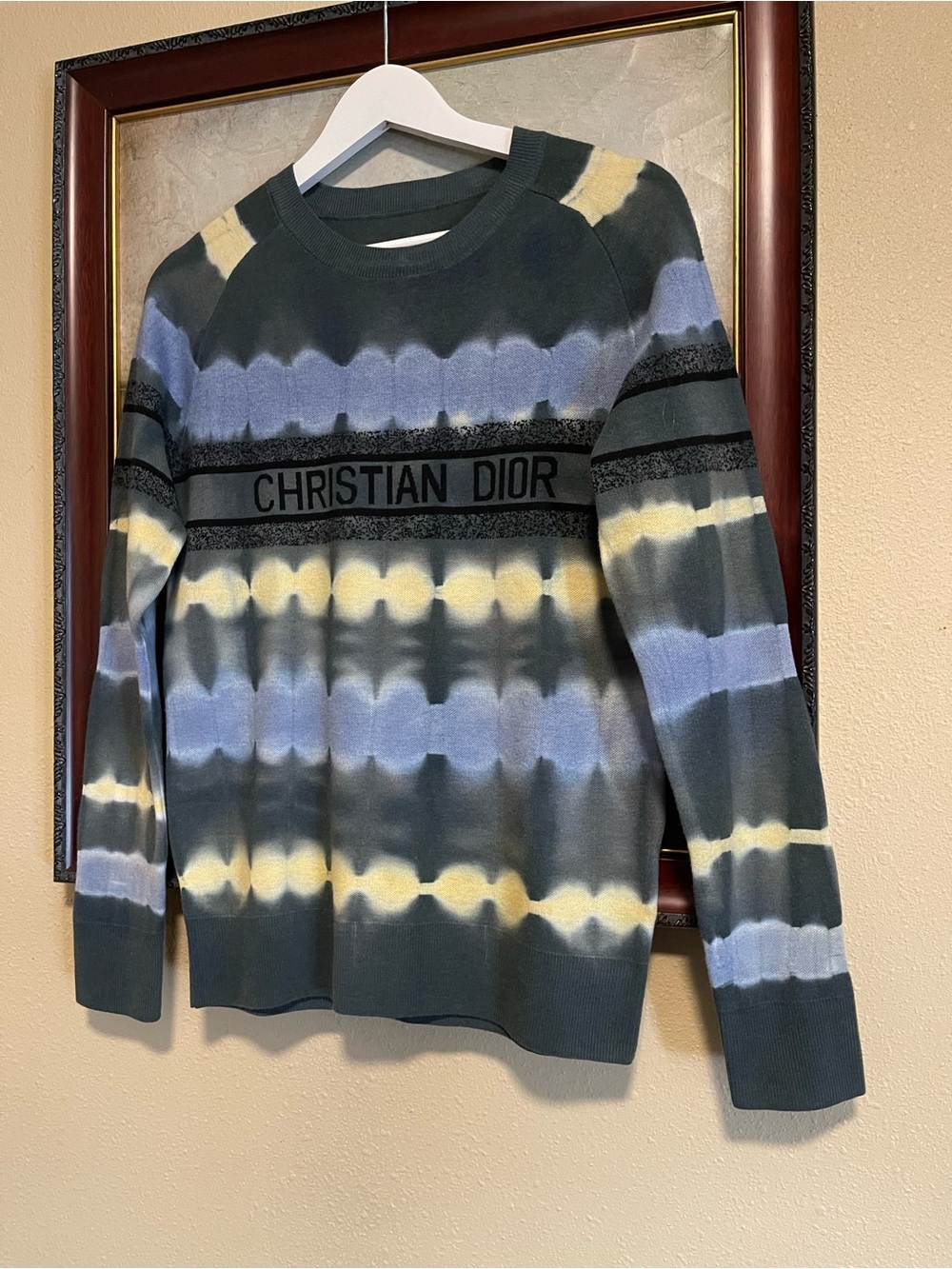 Dior Green Crewneck with Blue and Yellow Tie-Dye Stripes - Picture 4 of 9